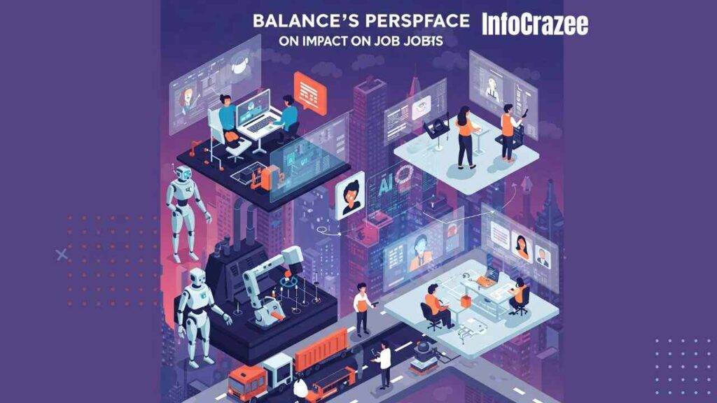A vibrant illustration depicts a shift in the job market. On one side, robots and AI are taking over traditional roles like data entry and cashier positions. On the other side, new roles such as AI specialists, cybersecurity experts, and remote work coordinators are being created, symbolized by people working with advanced technology.