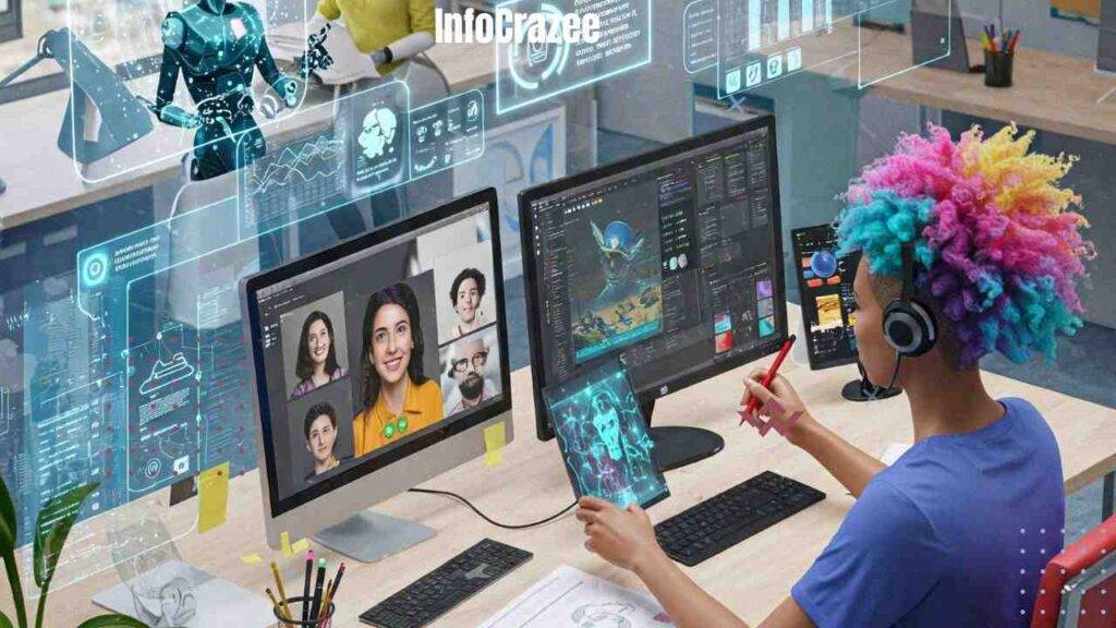 AI and automation transform a dynamic office, streamlining productivity and fostering creativity through remote collaboration tools, AI-powered task management, a digital assistant, and AI-driven design software.