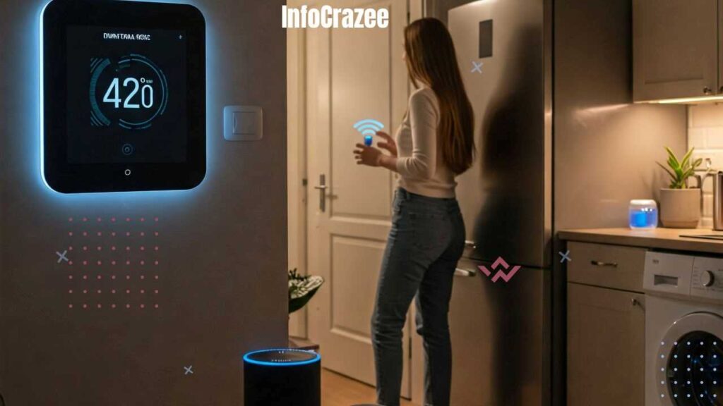 AI and IoT technology work together in a modern home, automating temperature control, lighting, and appliance connectivity.