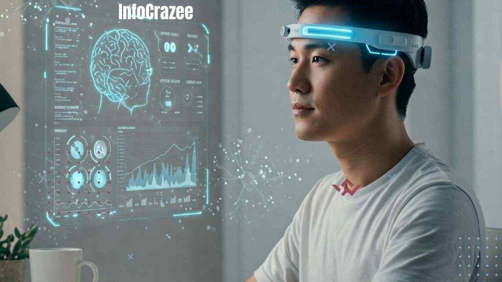 A person wearing a futuristic headband designed to enhance focus and reduce stress, with soft glowing lights on the device. A holographic screen displays brainwave activity, mood levels, and focus stats. The background shows a calm, modern workspace with subtle tech-themed visuals, representing next-gen neurotechnology in wearable form.
