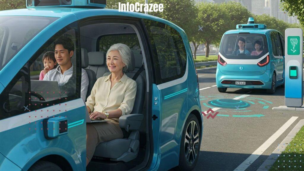 A peaceful, futuristic cityscape illustrating the benefits of self-driving cars. An elderly woman is comfortably riding alone, a young man works on a laptop in the back, and a family relaxes in their autonomous vehicle. A shared car picks up a passenger, highlighting the shift to ride-hailing. Digital signs guide traffic on safe, clean, and calm roads.