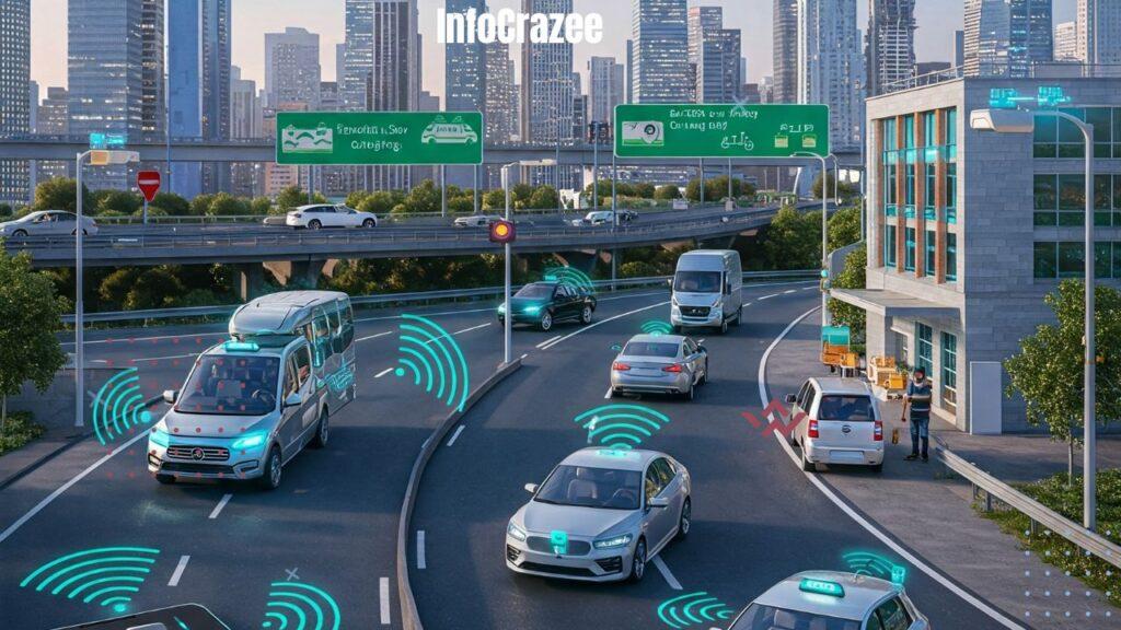 A vibrant illustration of a future city with autonomous vehicles. AI-powered cars move safely on the roads, indicated by glowing radar sensors and smart road signs overhead. A family relaxes inside a hands-free car on a highway, while a self-driving van unloads groceries. In the foreground, a smartphone displays an app interface for calling an autonomous taxi. The scene is clean, modern, and highlights a smooth traffic flow amidst contemporary buildings.