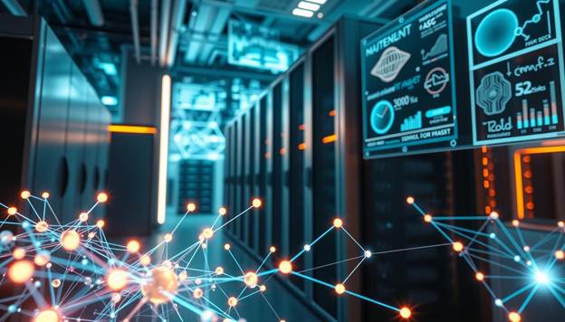 A futuristic scene of machine learning, with a central focus on a complex neural network visualization. In the foreground, glowing nodes and interconnected pathways pulsate with energy, conveying the dynamic nature of learning algorithms. The middle ground features a sleek, metallic data center, its server racks and cooling systems hinting at the computational power required. Towering in the background, holographic displays project abstract data visualizations, charts, and scientific equations, illuminating the intellectual depth of the field. Subtle ambient lighting casts a warm, contemplative glow, while a shallow depth of field creates a sense of depth and focus. The overall mood is one of technological sophistication, scientific exploration, and the boundless potential of machine learning.