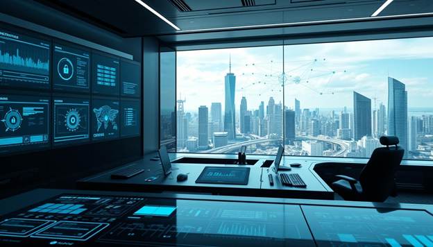 A technologically advanced control center with a sleek, minimalist design. In the foreground, a futuristic user interface with various cybersecurity tools and dashboards, glowing with a subtle blue hue. In the middle ground, a large central display showcases a network diagram, with lines and nodes representing the flow of digital information. The background features a panoramic view of a city skyline, its skyscrapers and infrastructure hinting at the interconnected nature of modern technology. The overall scene conveys a sense of precision, control, and the importance of cybersecurity in the digital age.