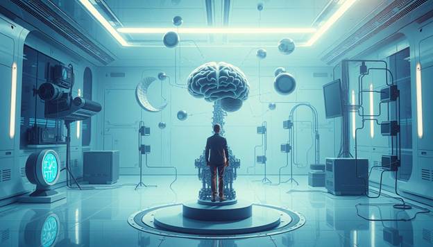 A photorealistic illustration of the core concepts of artificial intelligence, featuring a central figure symbolizing the brain and intellect surrounded by various technological elements. The scene is set in a futuristic, minimalist environment with cool, metallic tones and clean lines, conveying a sense of advanced technology and scientific exploration. The lighting is soft and diffused, creating a contemplative and thoughtful atmosphere. The composition should balance the technical and the conceptual, providing a visually striking representation of the fundamental principles of AI.