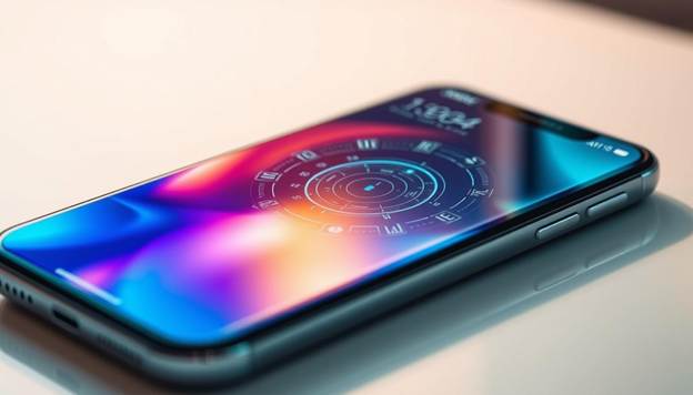 A close-up view of a modern smartphone on a minimalist desk, with a sleek, high-tech design and a vibrant, edge-to-edge display. The screen showcases a visually striking AI-powered application, such as a facial recognition unlock, an augmented reality navigation tool, or a smart home control interface. The lighting is soft and directional, creating depth and highlighting the phone's reflective surfaces. The background is blurred, creating a sense of focus on the device and the AI-driven technology it represents, symbolizing the integration of artificial intelligence into our daily lives.