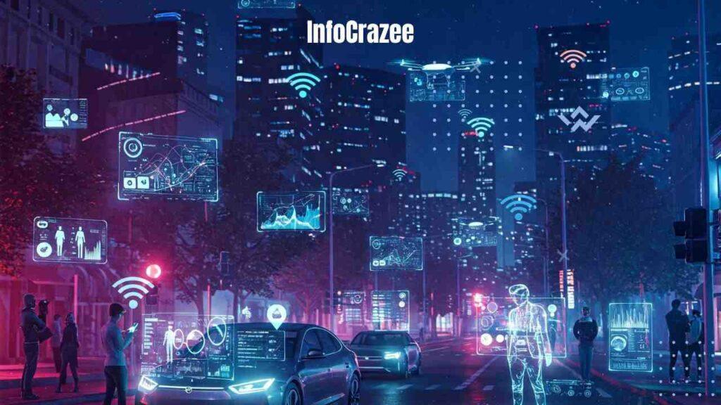 A dynamic and fast-paced nighttime scene in a futuristic smart city powered by advanced wireless technology. Self-driving electric vehicles move smoothly along the wet, reflective streets, communicating with holographic projections displaying traffic information. Pedestrians interact with holographic interfaces and use advanced mobile devices like foldable smartphones and augmented reality glasses. Glowing blue and pink wireless signals visually connect the urban environment, linking buildings, streetlights displaying data, and drones overhead. The overall atmosphere is sleek and innovative, emphasizing the speed and connectivity of future internet technologies.