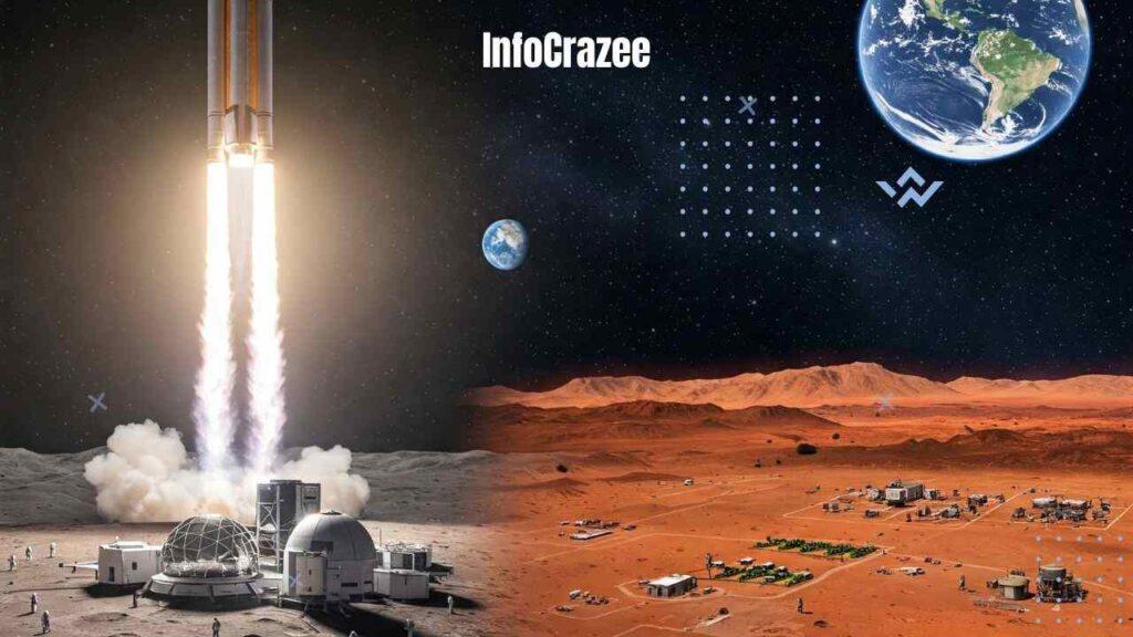 A wide, inspiring view of a SpaceX-style rocket launching into space. In the background, a modern Moon base with domed structures and astronauts is visible, as well as a terraformed Mars landscape with early settlements and greenhouses. Earth is visible in the sky.