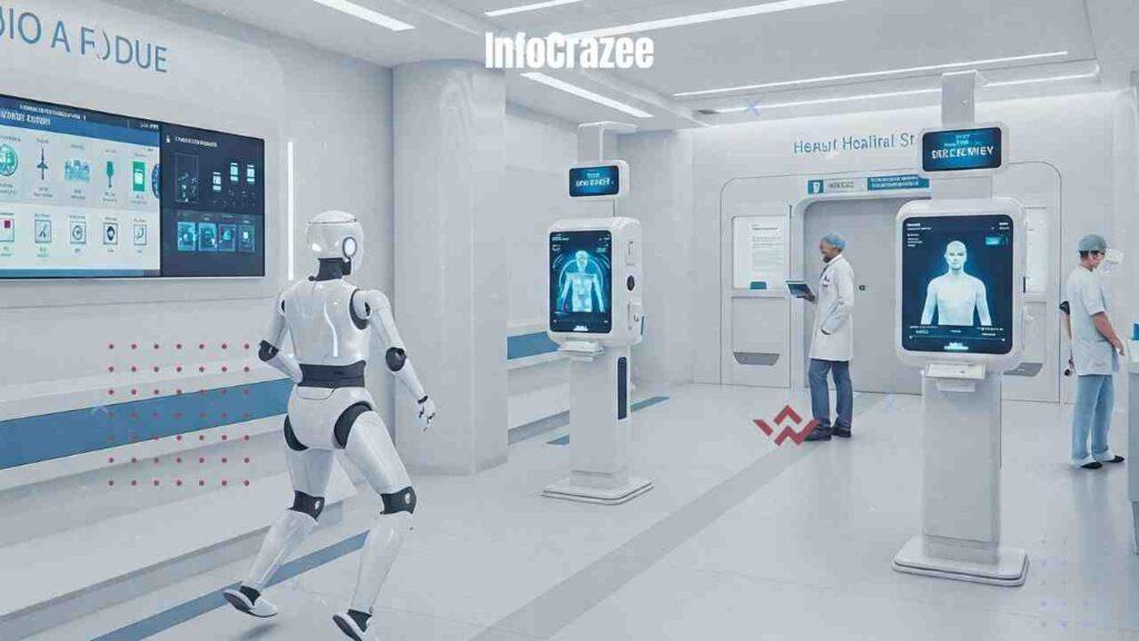 Create a futuristic hospital scene set in 2050, featuring robot assistants helping patients and doctors, AI-powered scheduling screens showing minimal wait times, and self-service health check stations where people scan themselves for instant health results. The environment should look clean, welcoming, and highly advanced, combining technology with a human-centered design.