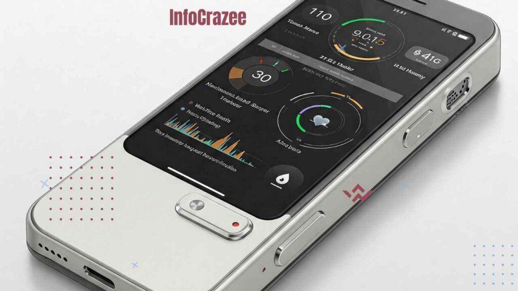 A concept design of a futuristic mobile phone from 2030, envisioned as a personal health companion. The phone features a sleek, modern design with integrated biosensors for non-invasive blood sugar tracking and real-time stress and heart monitoring. It uses voice and facial analysis to provide health insights and sends alerts to the user's doctor when necessary. The interface is user-friendly, emphasizing control over well-being and early warnings for potential health issues.