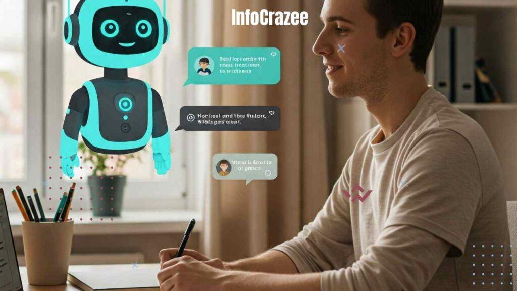 In a brightly lit, cozy study space, an AI chatbot with a soothing, teal interface and a kind-looking virtual tutor with a friendly, cartoon-like appearance are depicted alongside a student who is engaged and learning. The student, a young man with an open, receptive expression, is seated at a desk in a comfortable position. The AI chatbot and virtual tutor are both communicating in a supportive and encouraging tone, providing clear and helpful advice and assistance. The scene is designed to capture a sense of comfort and ease, portraying a positive and collaborative learning environment with a neutral, soft colour palette. The AI chatbot and virtual tutor are integrated into the scene seamlessly, showcasing their ability to work together and provide effective support.