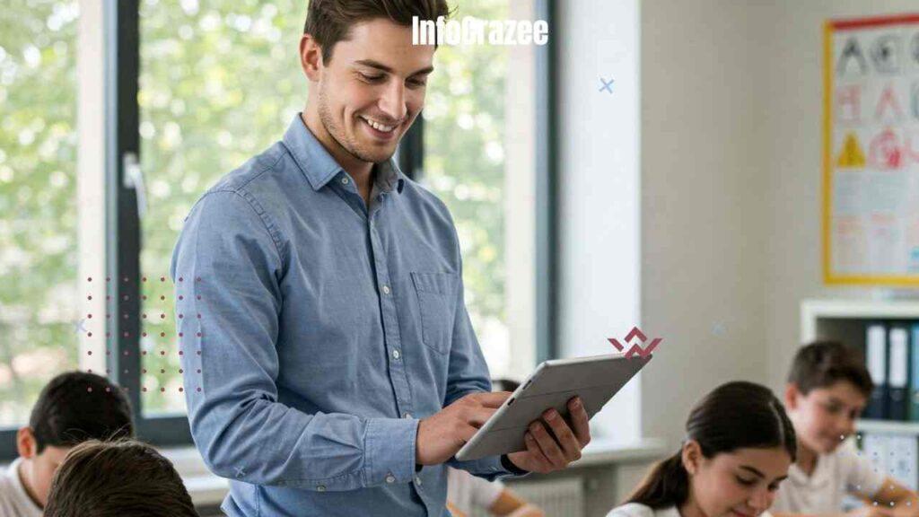 In a bright classroom with students engaged in their work, a teacher stands holding a tablet and looking down at it with a smile. A laptop on a student's desk in the foreground shows data visualizations, suggesting the use of AI for tasks like grading and creating personalized lesson plans. The scene conveys a modern, tech-integrated learning environment.