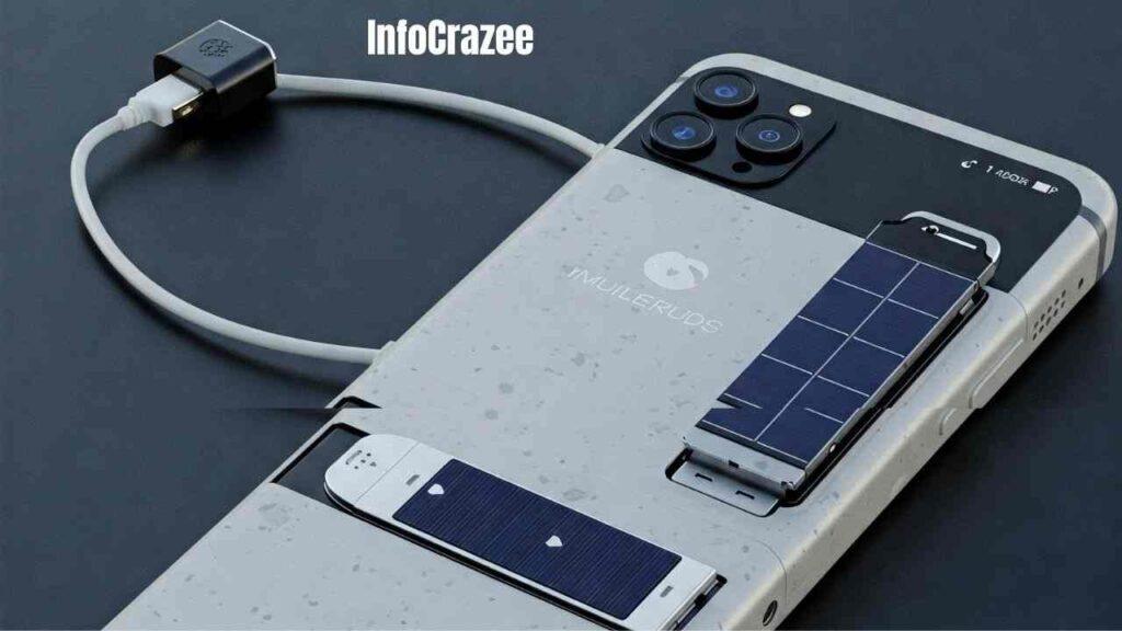 A futuristic mobile phone is displayed, showcasing a sleek, minimalist design without any charging ports. The phone is surrounded by a soft glow, suggesting it's charging wirelessly through the air. The background is clean and uncluttered, emphasizing the phone's innovative, cable-free design. The image conveys a sense of convenience and advanced technology.