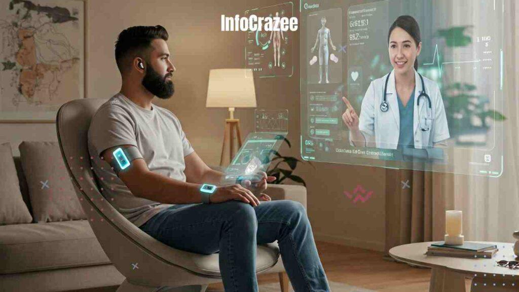 Create a futuristic digital scene of a person sitting comfortably at home in 2050, having a telemedicine consultation through a large, high-definition holographic screen showing a friendly doctor. Include wearable health monitoring devices like a smart wristband and ambient health data displays in the background. The setting should feel cozy, high-tech, and accessible, highlighting the convenience and personal touch of future telemedicine.