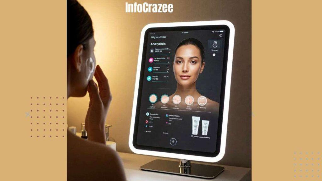 A sleek, modern smart mirror showing a young woman's face and displaying a detailed analysis of her skin, along with product recommendations.