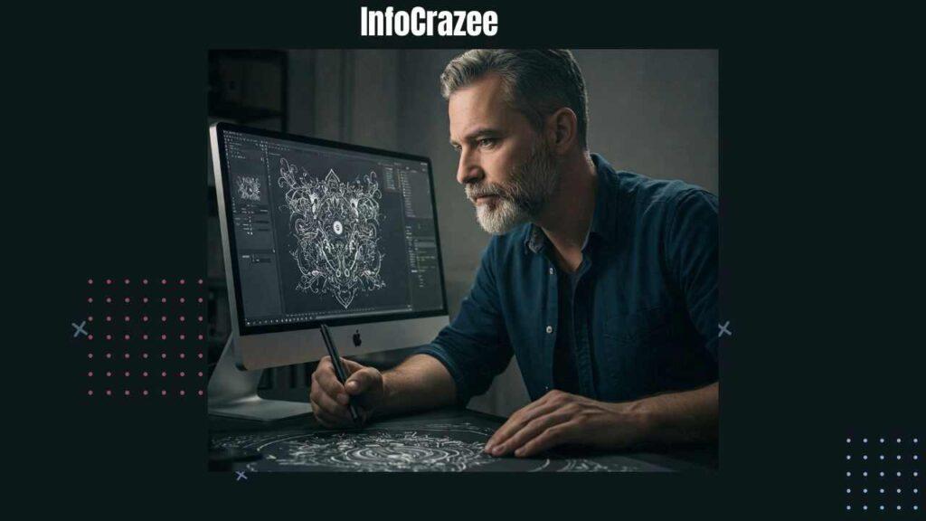 A middle-aged man with a beard uses a stylus to create intricate illustrations on a screen, showcasing the collaboration between human artistry and AI algorithms.