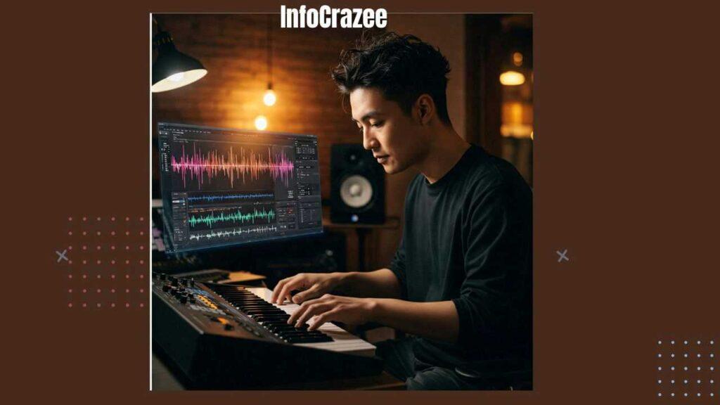 A young woman with headphones on uses a computer with a visual interface, showcasing the collaboration between human creativity and AI algorithms in music production.