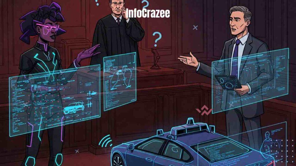 Digital illustration of a futuristic courtroom with a self-driving car in the witness stand. A perplexed judge, a software developer, and a car manufacturer's representative are in a tense debate about accountability. Holographic displays present evidence, and question marks float above the participants, highlighting the uncertainty surrounding the situation.