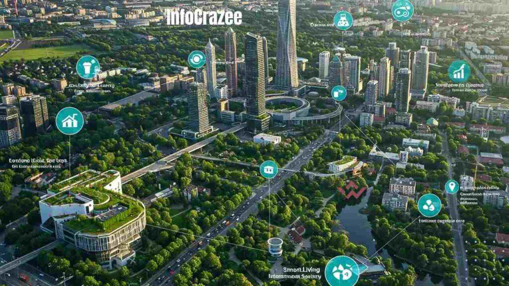 The image shows a futuristic cityscape with interconnected buildings and green spaces. Digital interfaces and data visualizations are overlaid, highlighting the use of technology to manage traffic, energy, and resources. The overall impression is one of efficiency, sustainability, and technological advancement. You can use this description as alt text for the image.
Would you like to explore any other aspects of smart cities?
