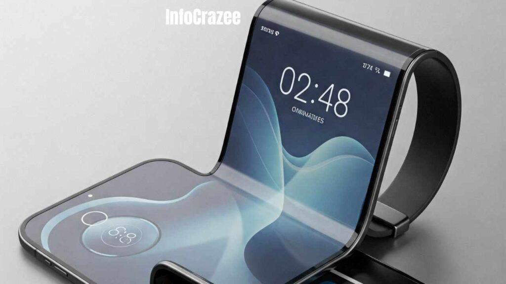 "Create a futuristic concept or visual of next-generation mobile phones expected by 2030, featuring foldable, stretchable, and wearable designs. Include phones with flexible screens that expand and retract, rollable displays that turn into tablets, and wearable models that wrap around the wrist like smartwatches. Highlight how these designs improve convenience and portability in daily life, such as taking calls with a tap on the wrist or unrolling a device for entertainment. Use a friendly, imaginative tone that's easy to visualize.