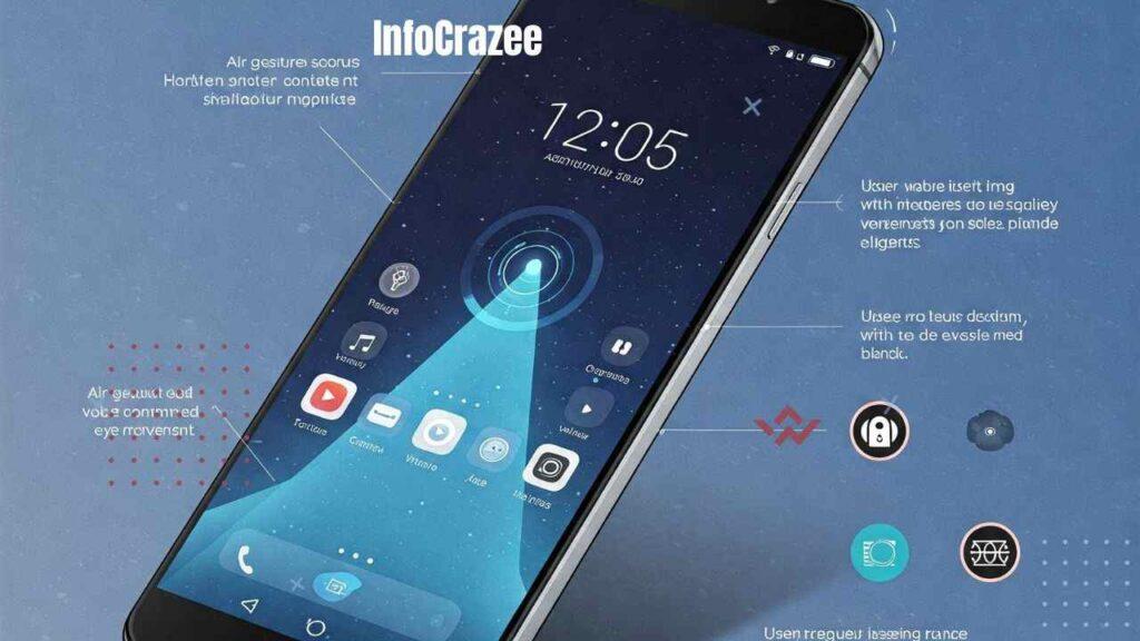 A sleek, dark smartphone with no visible physical buttons is shown angled on a plain background. Blue holographic-like beams emanate from the screen, illustrating touchless interaction. Icons and text around the phone highlight features like 'Air gesture control,' 'Voice command,' and 'Eye movement,' suggesting a user interacting with the device through these methods. The screen displays a futuristic interface with app icons and a time display.