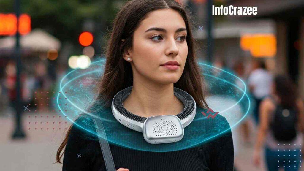 A young woman with long hair walks down a busy city street, wearing a silver air purifier necklace that creates a visible bubble of clean air around her.
