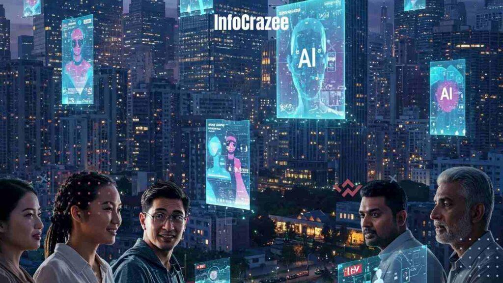Digital illustration depicting a cityscape at dusk, featuring skyscrapers with holographic AI billboards and sleek, driverless vehicles. Diverse groups of people in the foreground are engaged in discussions about AI, expressing both excitement and concern. The scene subtly includes visuals of inequality, contrasting wealthier and poorer neighborhoods. The overall tone conveys the complex relationship between technology and society, with a focus on progress and caution.