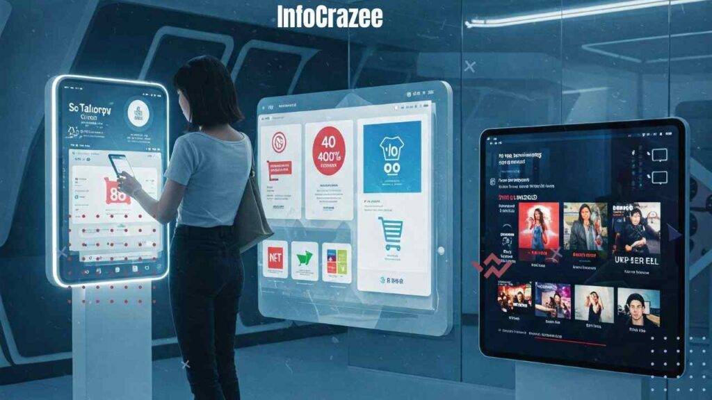 A young woman browses an online store with AI-driven product recommendations and targeted ads on a digital screen. A tablet suggests a movie based on her viewing history, showcasing the personalized shopping and entertainment experience.