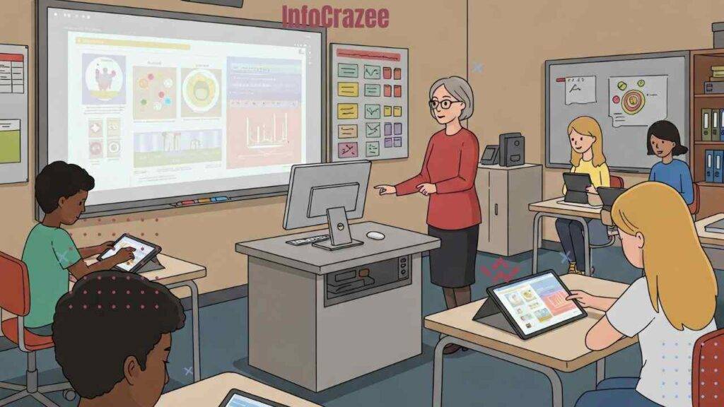 A colorful illustration depicts a modern smart classroom. A teacher stands near an interactive whiteboard displaying educational content. Several students are seated at desks, actively engaging with tablets. The teacher also has a computer, likely connected to a learning management system.