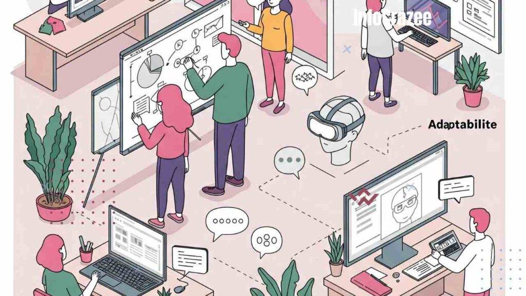 A modern illustration depicts people using digital tools, collaborating on problem-solving, adapting to new technologies, and communicating effectively.
