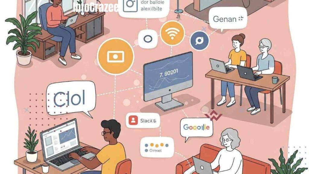 A colorful illustration depicts diverse individuals working from different locations (home, co-working space) and in a hybrid setting, connected by digital tools like Zoom, Slack, Trello, and Google Drive.