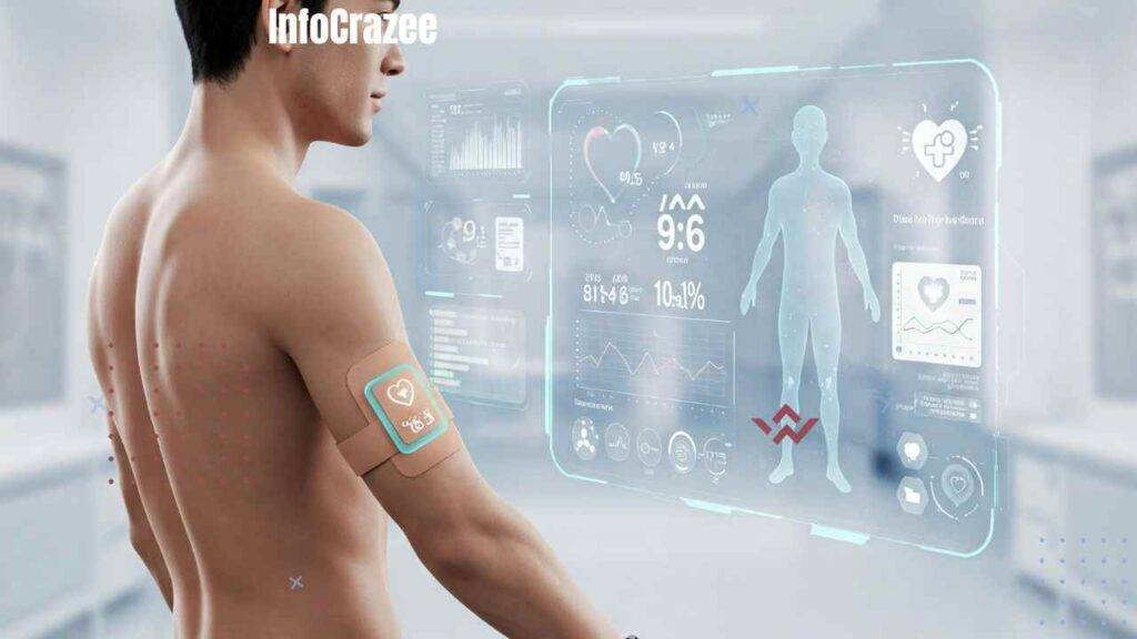 A person wearing a smart wristband and a health-monitoring patch, with a holographic display showing real-time glucose levels, blood pressure, and AI-powered early illness alerts. The background features sleek, modern digital elements symbolizing advanced health diagnostics and preventative care through wearable technology.