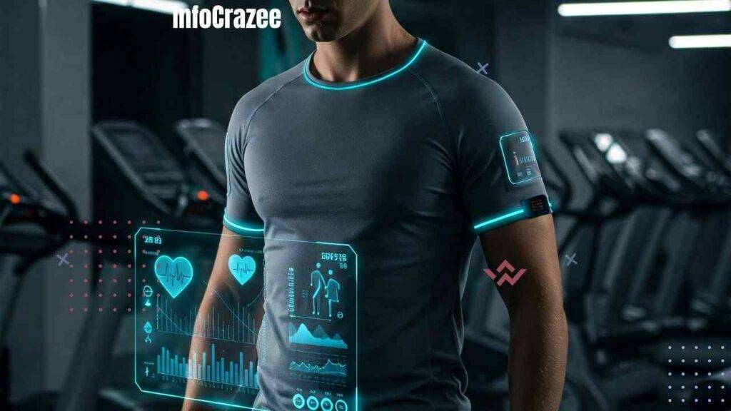 A person at the gym wearing a futuristic smart shirt, with holographic displays showing their heart rate and breathing. The shirt subtly adjusts its temperature based on body heat, glowing to indicate the feature. The background features modern gym equipment, highlighting the integration of smart clothing into fitness and health monitoring.