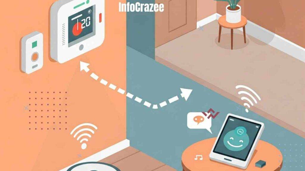 Vector illustration of a cozy smart home interior. A smart thermostat on the wall displays a temperature adjustment, a robot vacuum cleans the wooden floor, and a voice assistant sits on a round table with speech bubbles. The room has a clean, modern design with natural light.