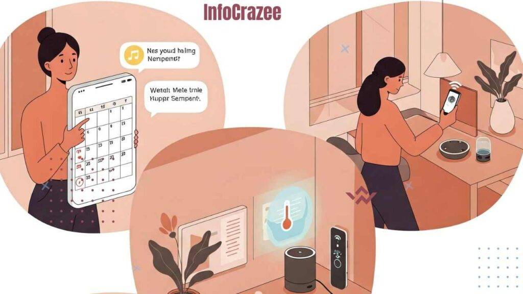 An illustration depicts a busy person efficiently using an AI virtual assistant across various modern scenarios: managing a digital calendar with voice commands, controlling smart home devices, and sending a text message while cooking.
