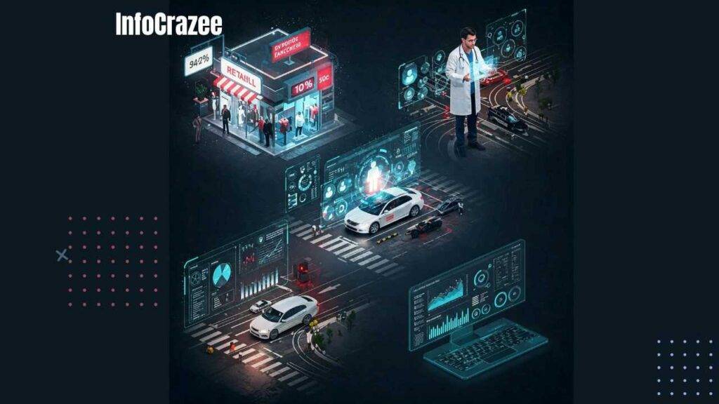 The image shows a digital collage representing AI-powered predictive analytics across four key sectors: retail, healthcare, transportation, and finance.