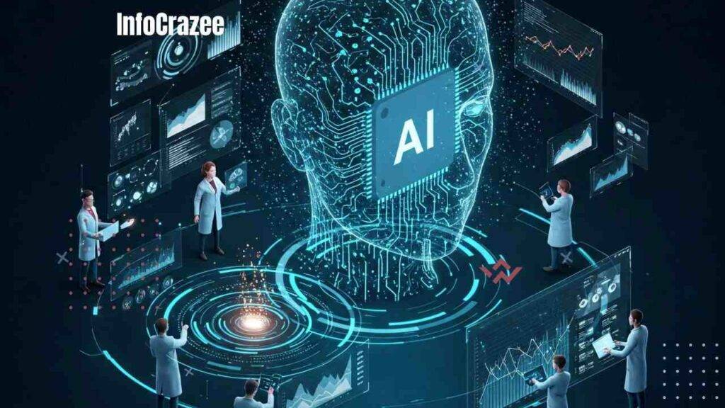 The image shows a diverse team of data scientists collaborating with a powerful AI system, represented by a holographic sphere with intricate data visualizations. The scene highlights the enhanced forecasting accuracy of AI-powered predictive models.