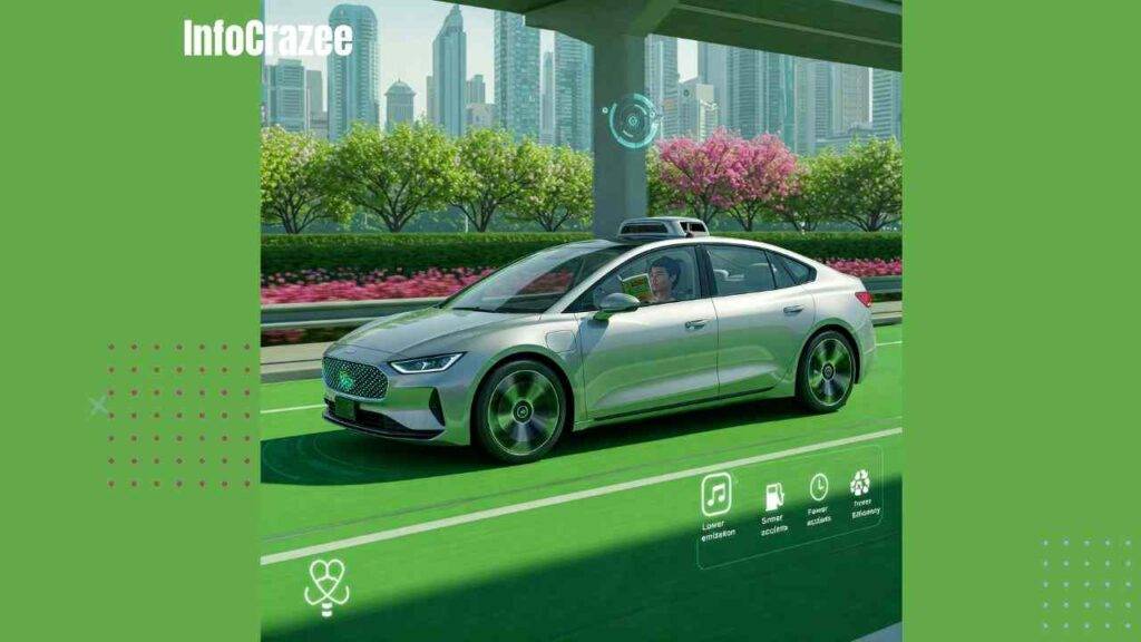 A futuristic, sleek, silver self-driving car glides effortlessly along vibrant, emerald green roads in a bustling metropolis. Inside, a relaxed young Asian man is engrossed in a captivating science fiction book, completely at ease thanks to the car's autonomous capabilities. The driver's effortless posture and relaxed expression highlight the freedom and leisure offered by this futuristic technology.
