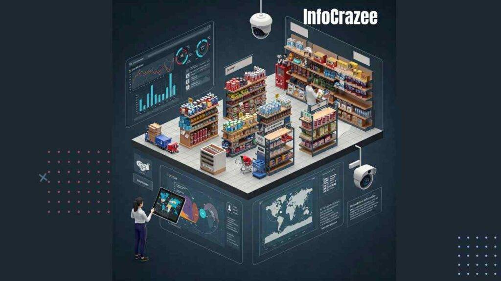 A behind-the-scenes view of a modern retail store using AI technology. A large, wall-mounted smart dashboard displays various data visualizations: demand forecasting charts with upward-trending lines, a supply chain map showing trucks moving between warehouses, and a security camera feed with bounding boxes highlighting potential shoplifting activity. In the background, shelves are being efficiently restocked by workers, and staff members use tablets displaying AI-powered tools. The overall environment is high-tech, organized, and realistic.