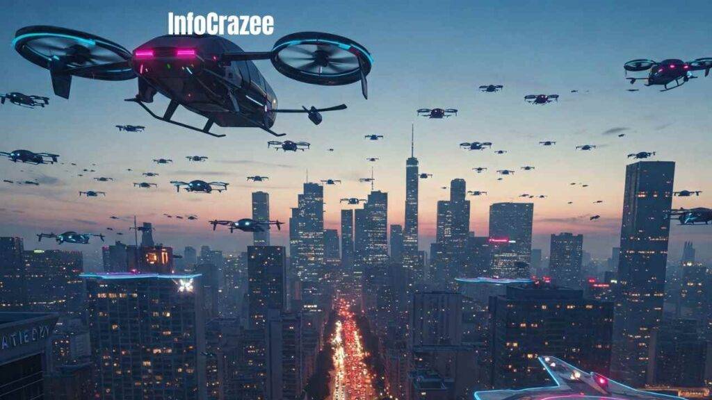 A futuristic cityscape is depicted at twilight, with numerous flying cars filling the sky. The high-rise buildings are designed with takeoff and landing pads on their rooftops. Sleek, futuristic vehicles glide effortlessly overhead, bypassing the bustling street traffic below. The scene captures the excitement and potential of personal aerial mobility in this urban landscape.