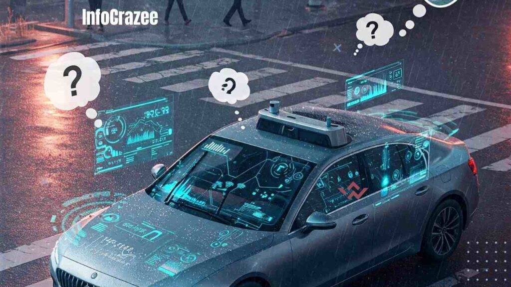 The image depicts a sleek, silver self-driving car paused at a chaotic intersection during a downpour. Digital visualizations display the AI's struggle to process the complex environment. Thought bubbles above pedestrians and passengers show their concern about safety. Question marks hover over a crash scene involving a self-driving car and a vintage vehicle, depicting legal complexities. The car is also shown in a showroom with a high price tag, highlighting its limited accessibility.