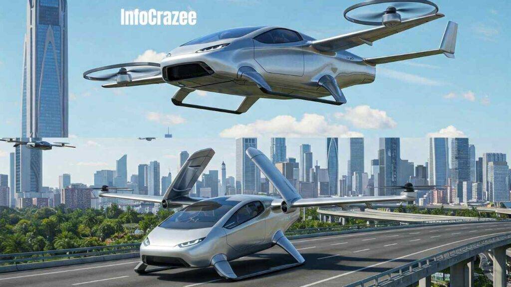 A futuristic flying car is shown transitioning from road to air above a cityscape. The vehicle is sleek and modern, equipped with electric vertical take-off and landing (eVTOL) technology. Below, another hybrid flying car drives on the ground, with wings extending as it prepares for takeoff. The scene captures a vibrant, futuristic city with clear skies and tall skyscrapers. The overall atmosphere conveys advanced technology and innovation.