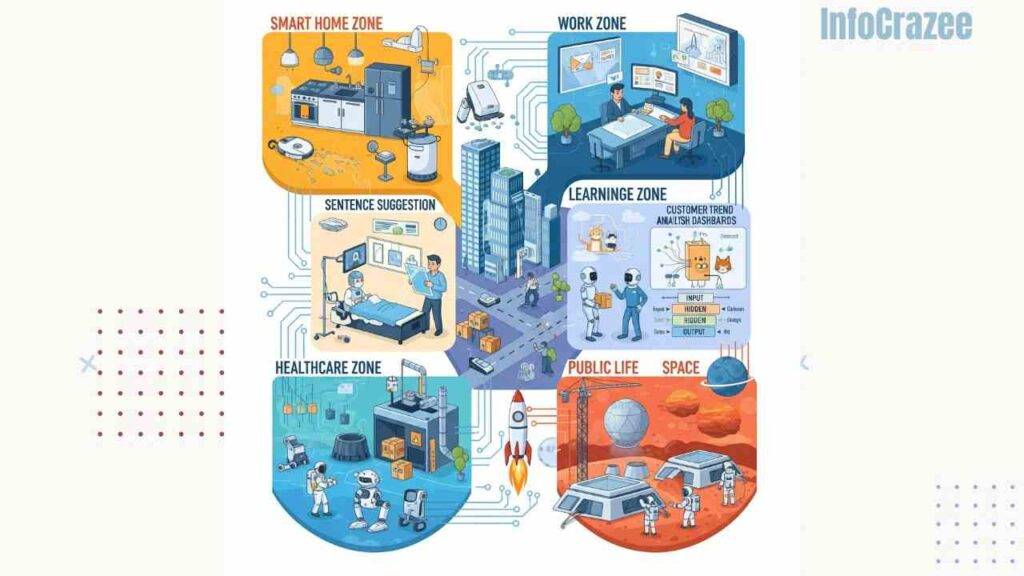 A detailed, futuristic 2D digital illustration shows how AI and robotics are transforming life across various zones within a smart city landscape. The Smart Home Zone features robot vacuums, video doorbells, smart kitchen gadgets, and phone-controlled lights. The Work Zone depicts people using AI tools for email sorting, resume scanning, virtual assistance, and trend analysis, including Grammarly-like sentence suggestions. The Healthcare Zone highlights robots assisting in surgery, delivering medications, and providing patient comfort. The Learning Zone displays a neural network learning to identify cats and dogs. The Public Life Zone showcases robots delivering packages, patrolling malls, and guiding shoppers. Finally, the Space Zone presents rocket launches, moon base construction, and Mars habitats with astronauts and robotic helpers. Flowing digital circuits connect all zones, emphasizing the harmonious integration of humans and AI in modern life.