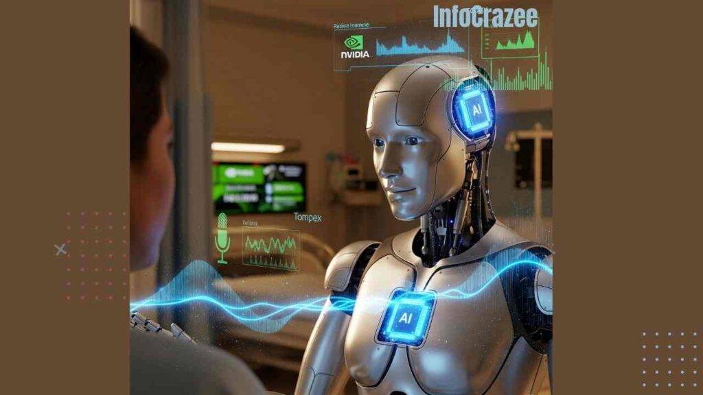 A highly advanced humanoid robot operates in a hospital, its head and chest glowing with an AI chip. Visual overlays display real-time sensor data and holographic interfaces, while the background subtly hints at digital infrastructure. The scene uses sleek metallic tones, vibrant blues, and warm lighting.