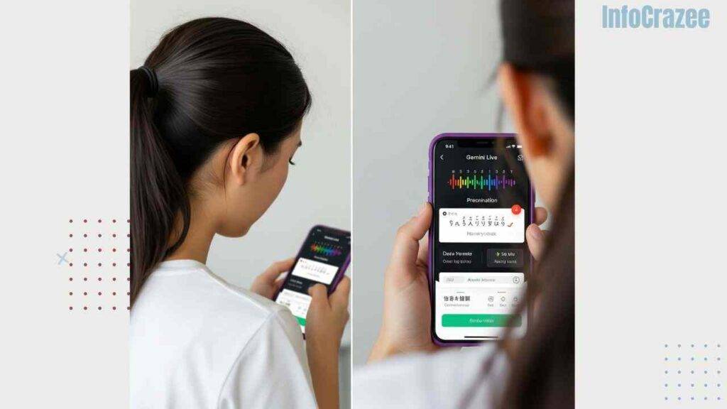 A college student practices Mandarin on her phone with Gemini Live, which shows visual pronunciation cues and side-by-side English and Mandarin text