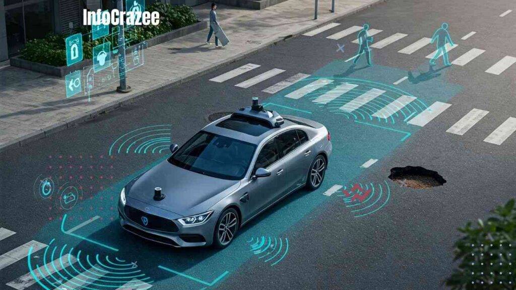The image shows a futuristic self-driving car navigating a city street. It is equipped with advanced sensors, cameras, and AI technology. Visualized computer vision is displayed, showing road signs, pedestrians, traffic lights, and the environment being scanned by the car’s sensors. Decision-making algorithms are highlighted by adding symbols or digital layers showing data analysis. The scenario includes a pedestrian crossing and a pothole ahead, showcasing how the car reacts in real time with AI-powered machine learning.
