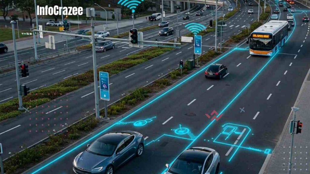 A futuristic city street with smart roads and connected vehicles. Electric cars are driving along roads that charge them while they move, with glowing lines showing energy transfer. Traffic lights communicate with cars to reduce wait times, and highways are equipped with sensors and AI to predict and prevent traffic jams. The scene is sleek, modern, and showcases the seamless integration of vehicles and smart infrastructure.