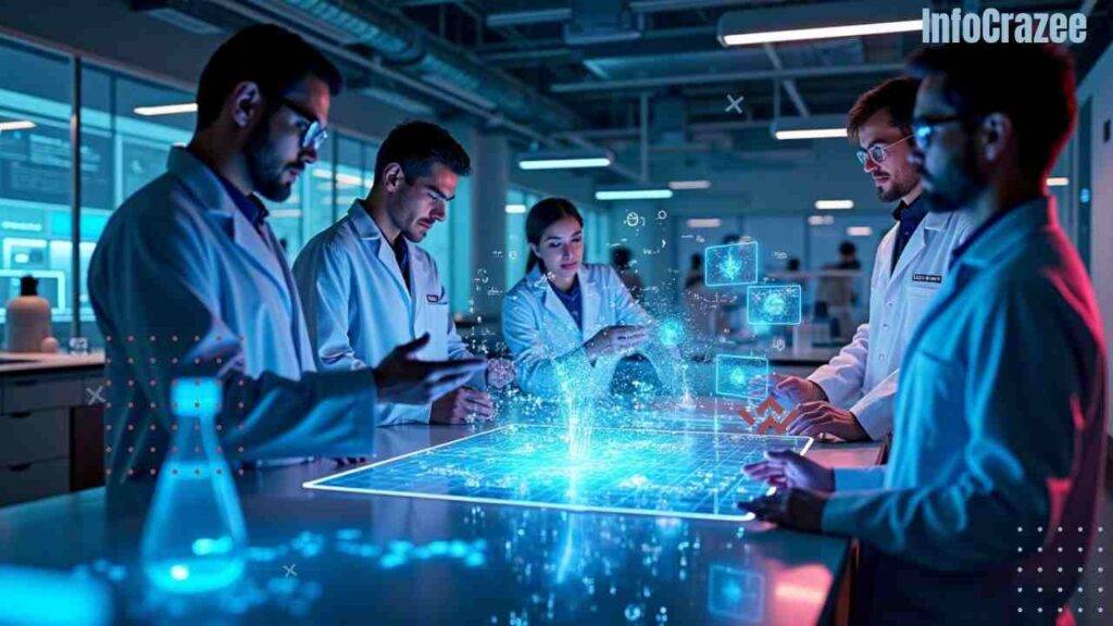 Researchers in a high-tech laboratory use holographic screens to communicate with Grok 3.5, an AI assistant projecting scientific visuals like DNA structures and climate simulations. The scene features a sleek, modern design with glowing data displays and a focus on AI-driven discovery.