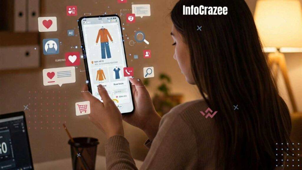 It shows a young woman with long, dark brown hair browsing a fashion app on her smartphone. The screen displays personalized outfit suggestions tailored to her preferences, along with a virtual AI stylist overlay offering styling advice. Behind her, various floating icons visualize data analysis and personalization. The setting is a cozy and contemporary home office, showcasing a blend of casual style and cutting-edge technology.