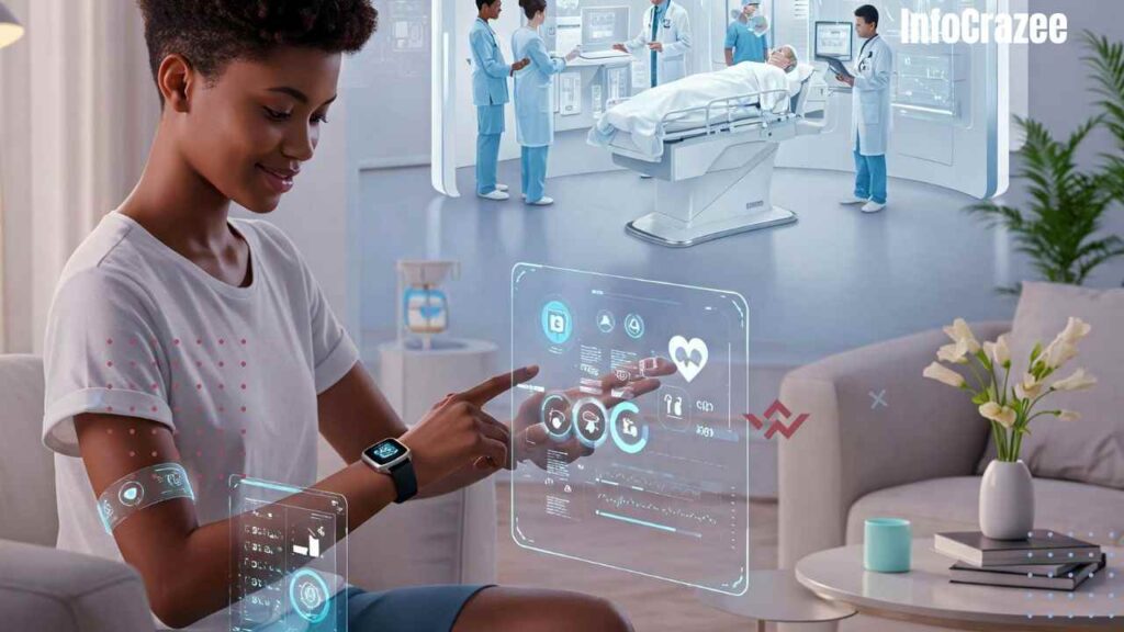 A futuristic healthcare scene showing a person at home monitoring their health with a wearable device and a doctor in a hospital receiving personalized patient data from AI.